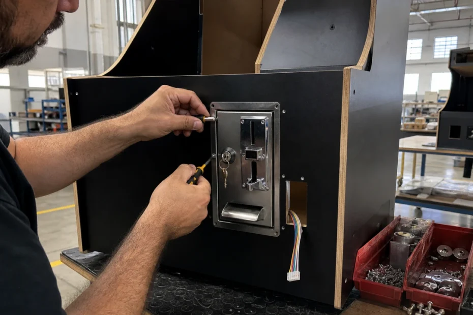 Assembly technician installing dual-slot steel coin entry doors, cam locks, and grounding wire harnesses on arcade cabinet