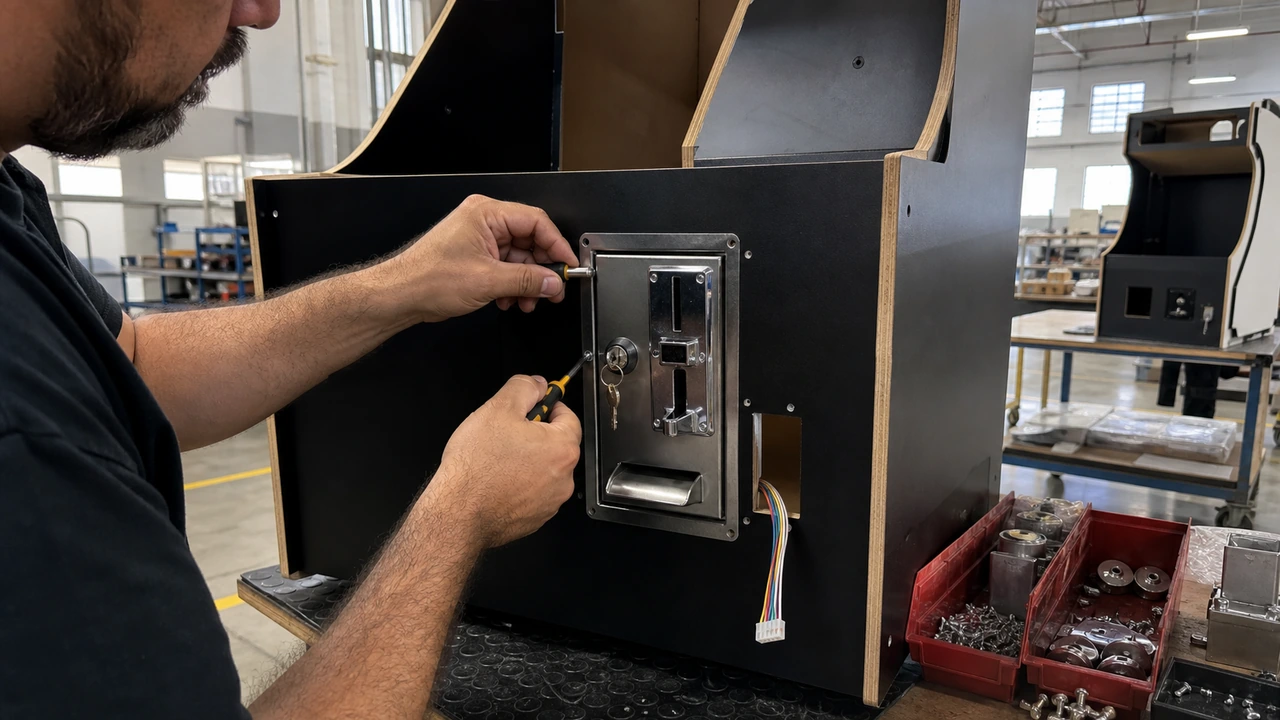 Assembly technician installing dual-slot steel coin entry doors, cam locks, and grounding wire harnesses on arcade cabinet