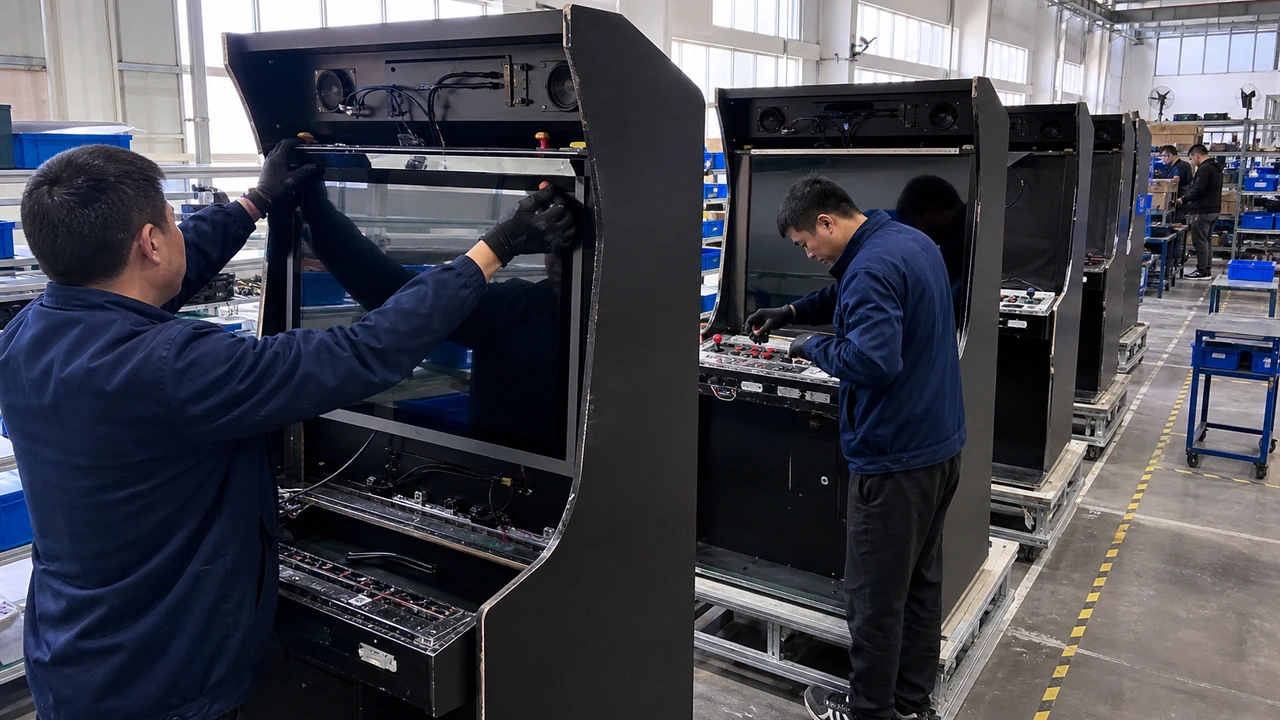 Factory technicians mounting commercial arcade LCD displays and chassis on assembly line