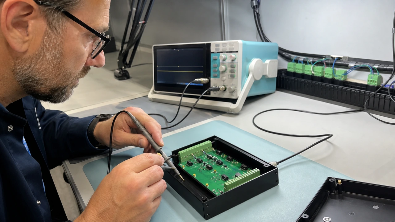 Electronics test bench verifying optocoupler pulse isolation and anti-cheat hardware protection