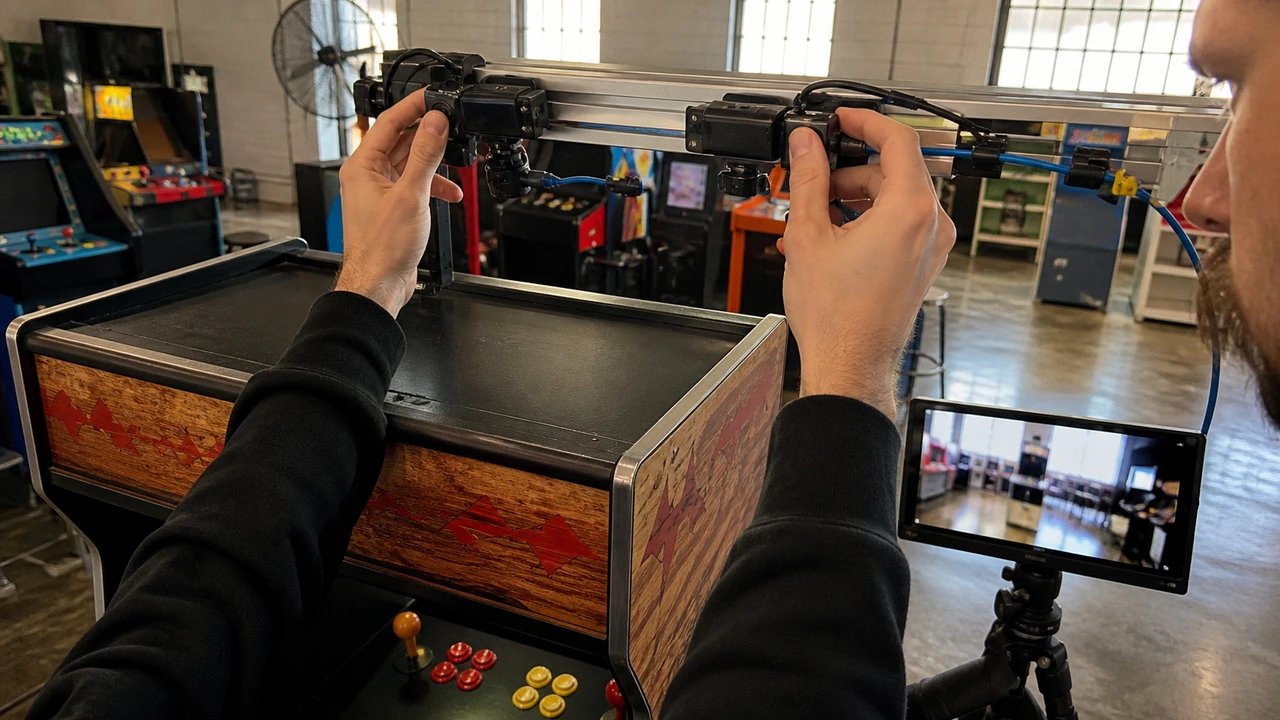 Vision technician calibrating dual overhead camera focal angles to provide natural 3D depth perception for remote claw players