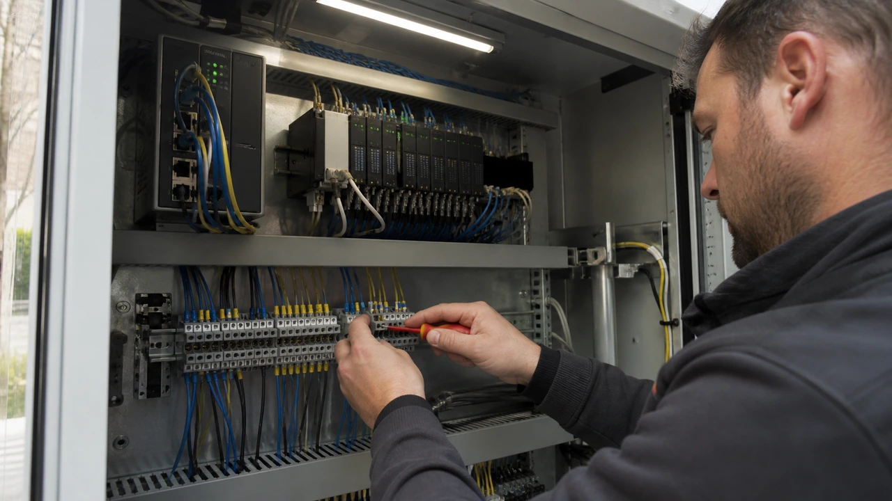 Field engineer wiring industrial IoT edge gateway terminal blocks and Ethernet controllers