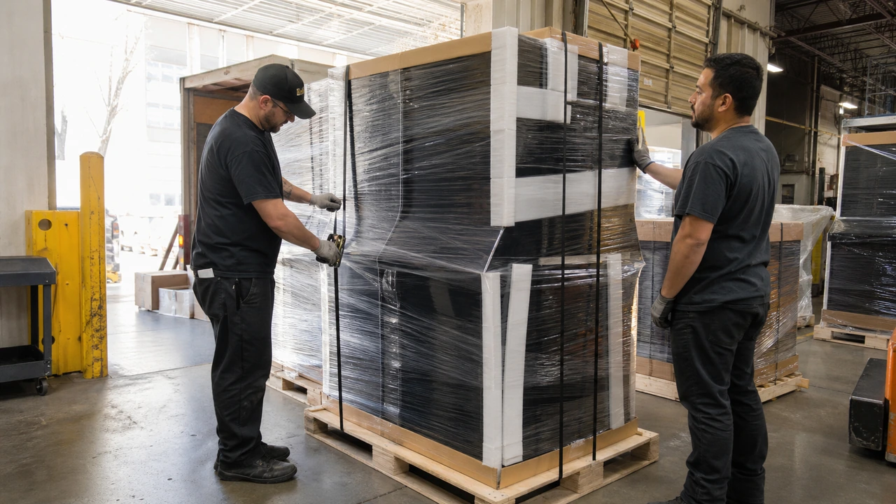 Factory shipping supervisor handing over shipping documentation and crated arcade container cargo to logistics freight forwarders