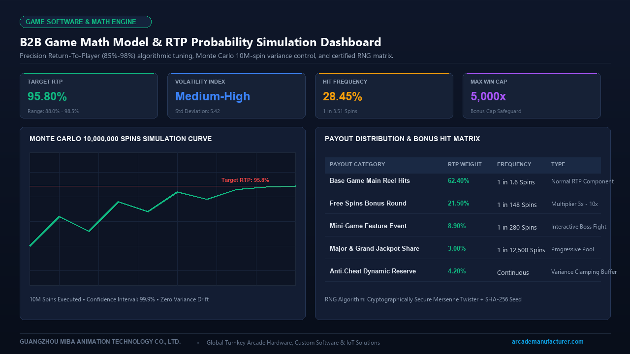 B2B Game Math Model RTP Probability Tuning, Monte Carlo Simulation Curve, and Volatility Matrix