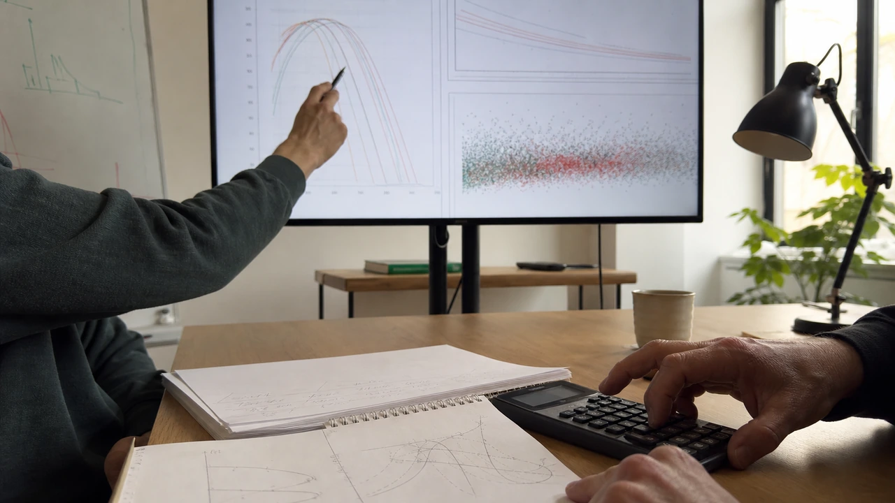 Game mathematician and programmer reviewing Monte Carlo simulation payout curves, hit frequencies, and RTP models