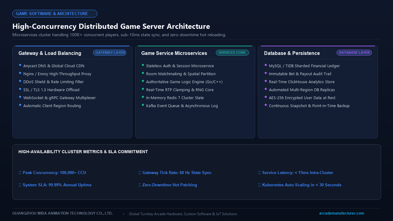 Distributed Microservices Game Server Architecture with Anycast Gateway, Redis Cluster, and Database Ledger