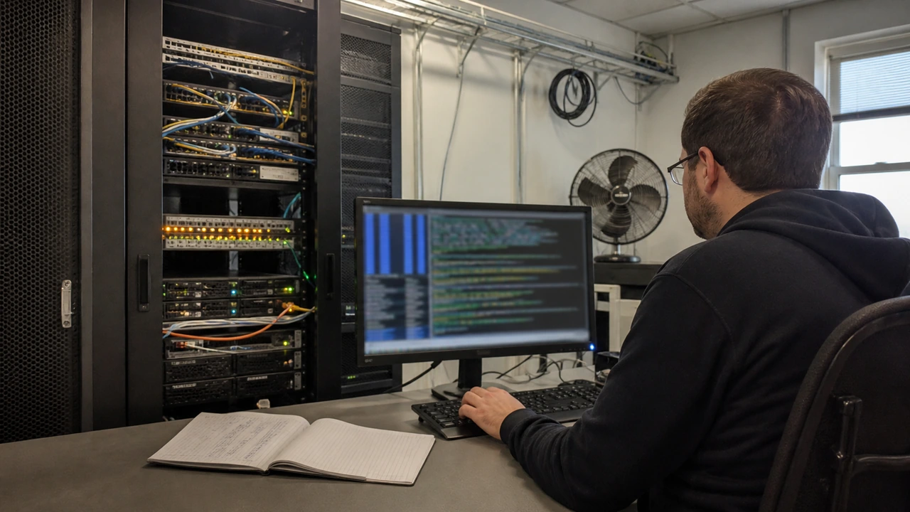 Backend engineer monitoring high-concurrency websocket load tests, packet throughput, and physical server telemetry