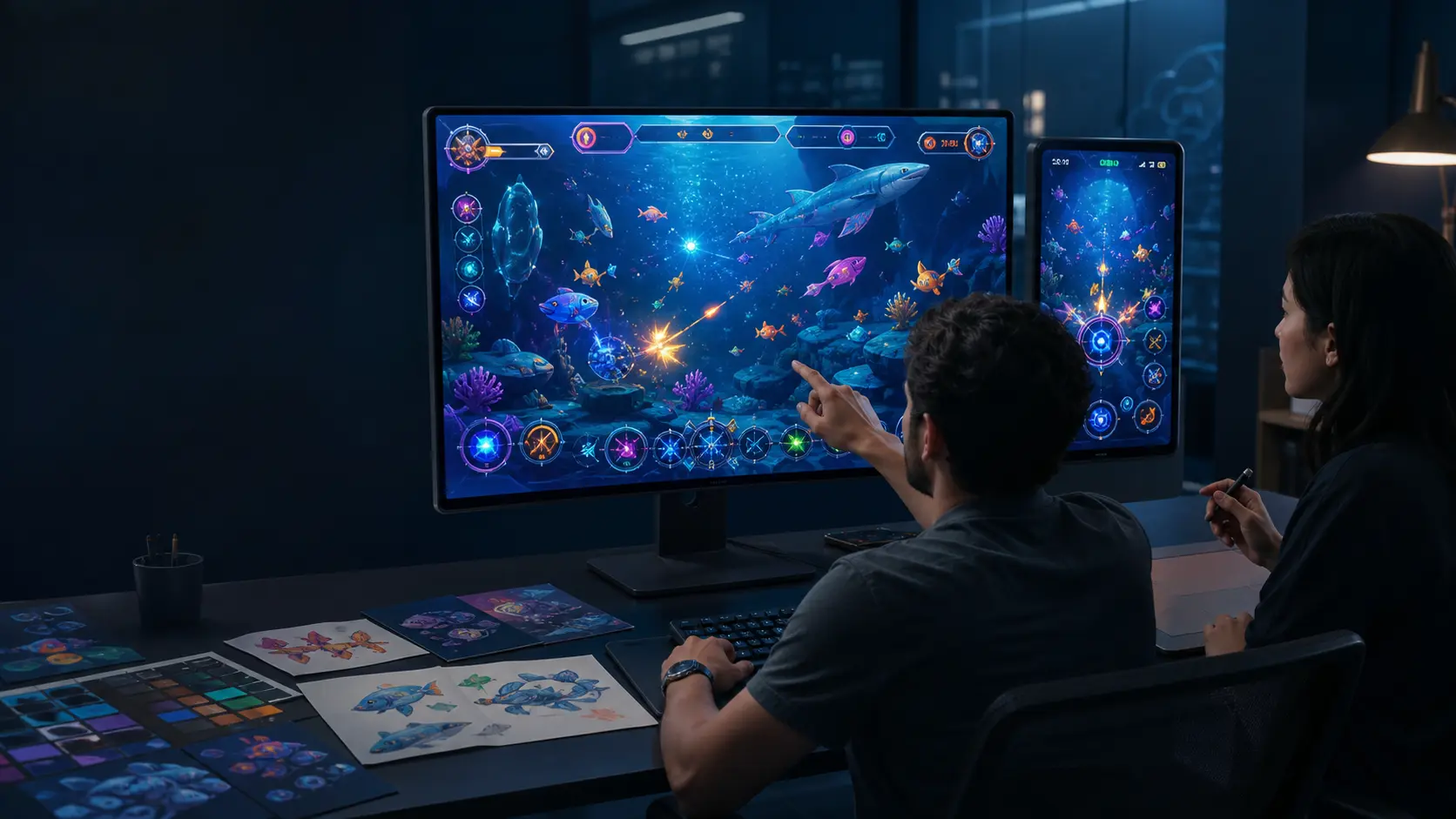 Studio Art Directors Reviewing Custom Arcade Game UI and Visual Styling