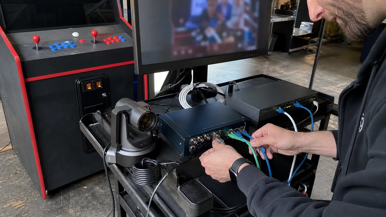 Streaming engineer configuring sub-80ms hardware H.264 video encoders, PoE switches, and WebRTC streaming endpoints